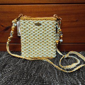 Capelli Straworld Handmade Crossbody, Tan/Aqua with Beaded Strap.